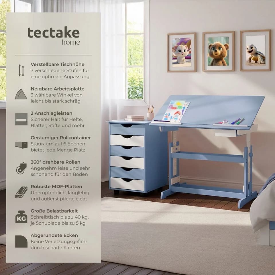 TECTAKE Kinderschreibtisch Höhenverstellbar Blau mit Rollcontainer