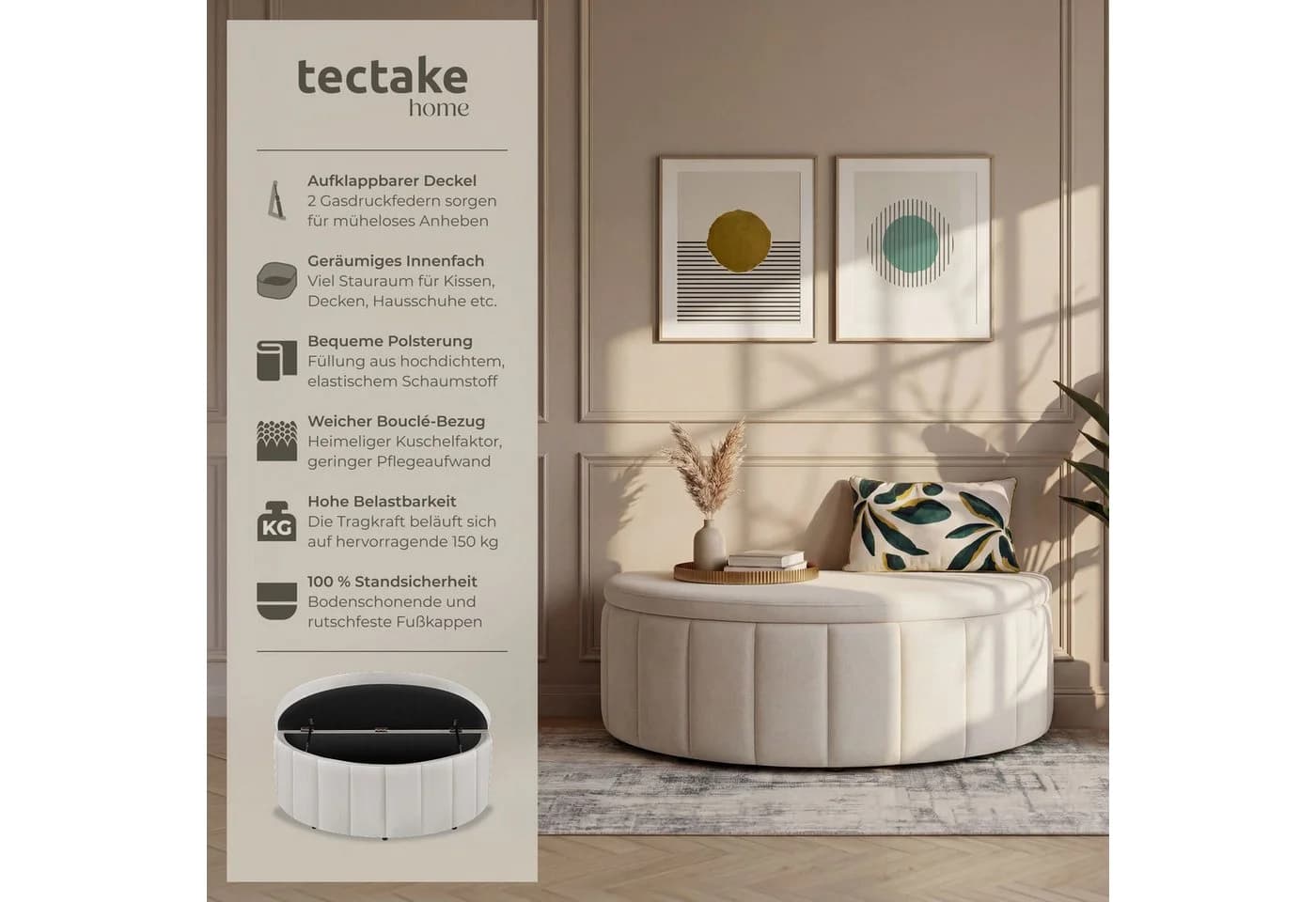 TECTAKE Polsterbank Moon mit Stauraum Samtoptik Taupe