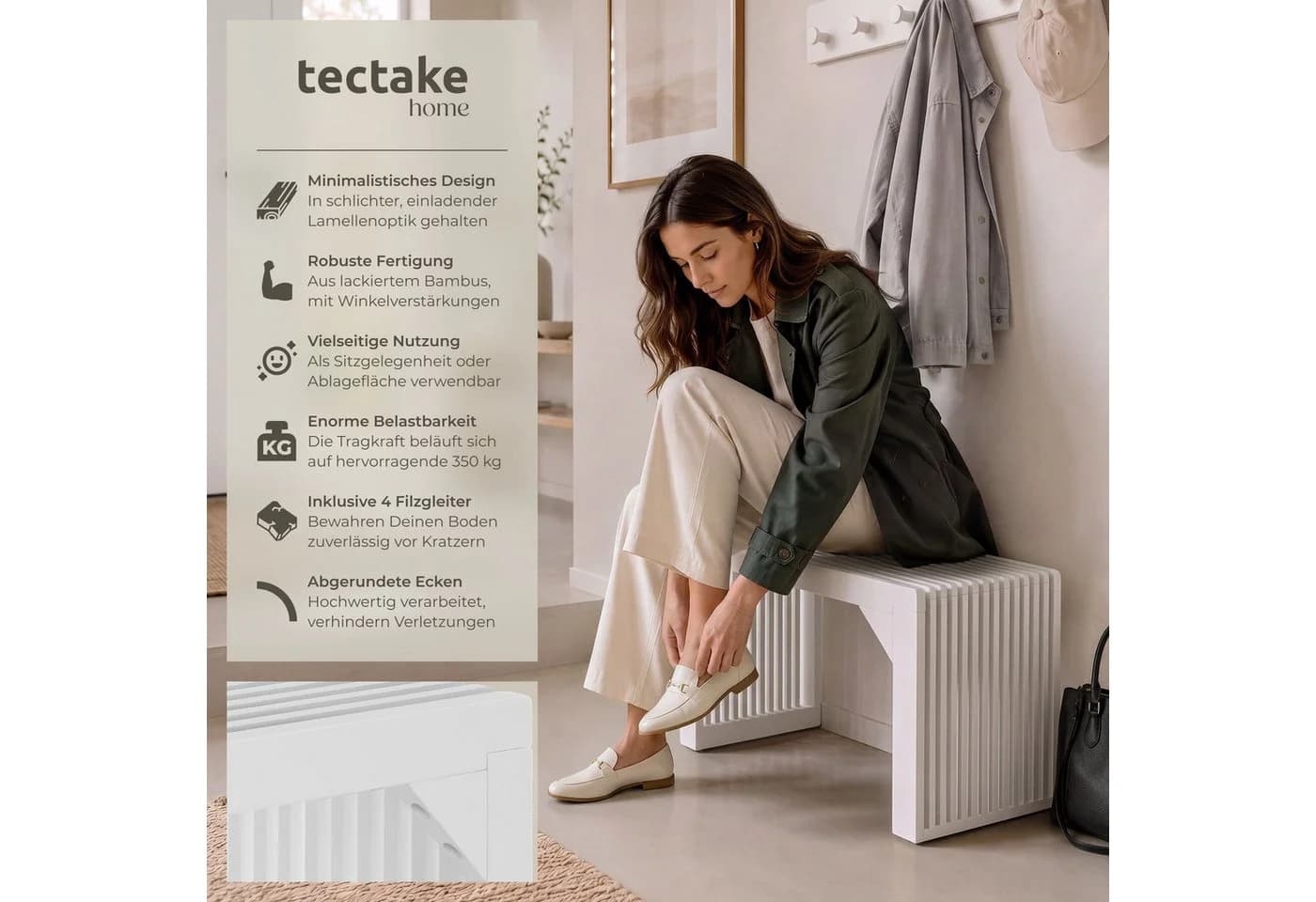 TECTAKE Sitzbank Ribb Lamellenoptik Weiß Bambus