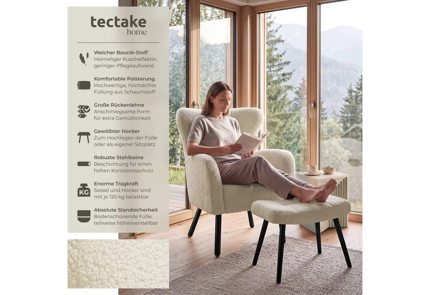 TECTAKE Relaxsessel Vänersborg mit Hocker Bouclé skandinavisch