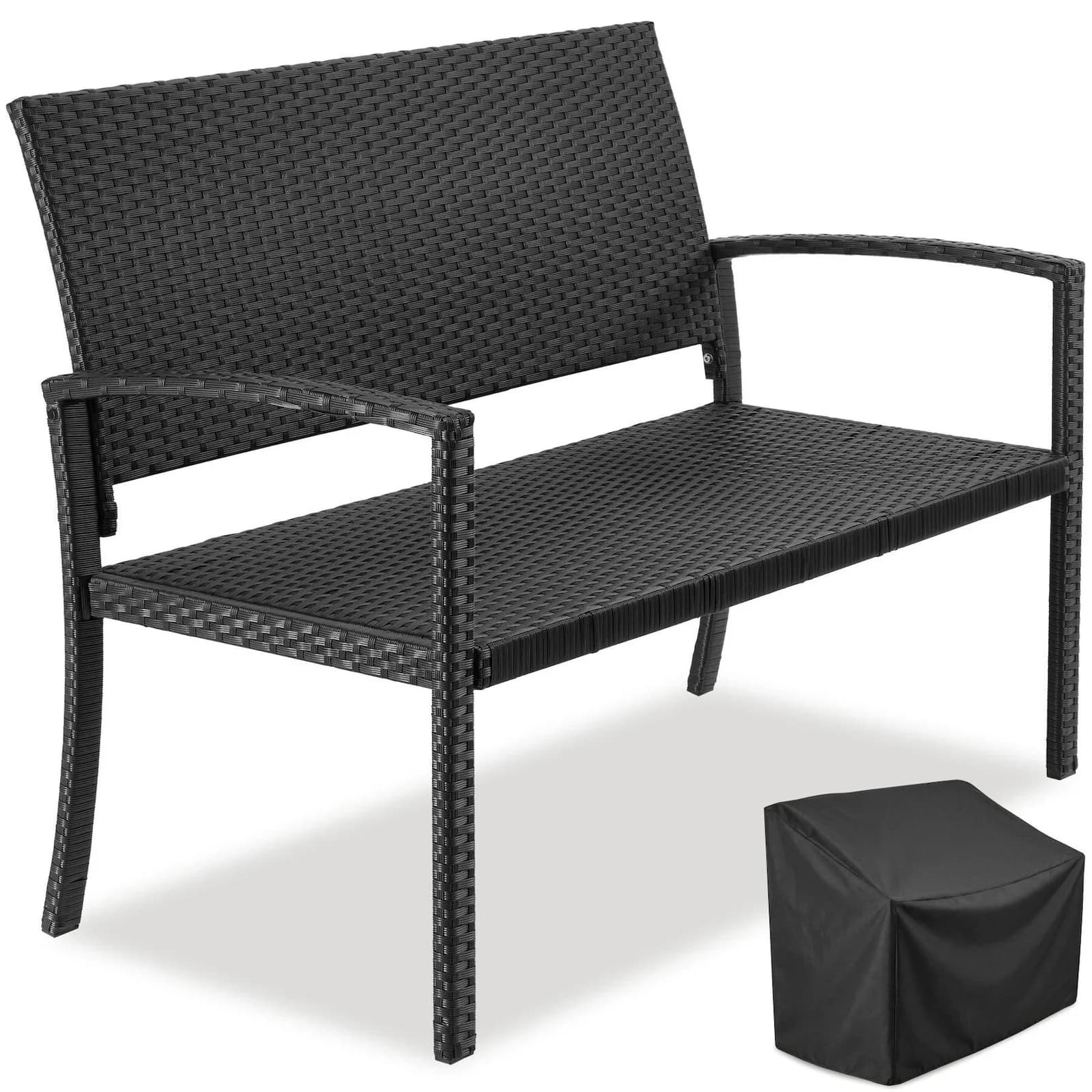 TECTAKE Gartenbank Murat Schwarz Polyrattan 2-Sitzer mit Schutzhülle
