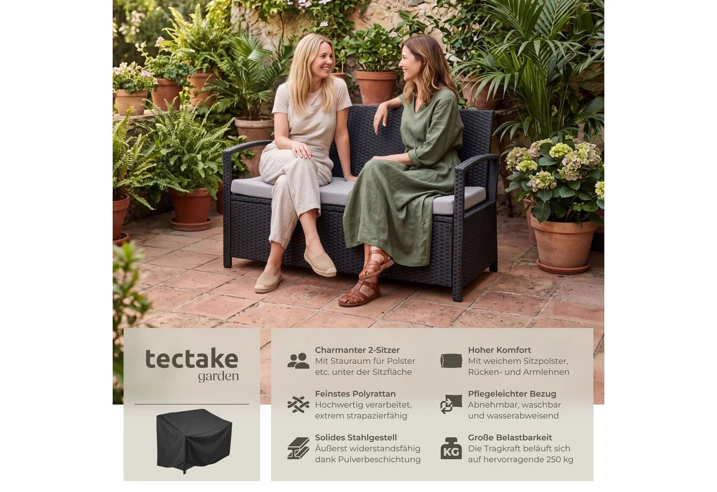 TECTAKE Gartenbank Vecchia 2-Sitzer Schwarz Polyrattan mit Stauraum