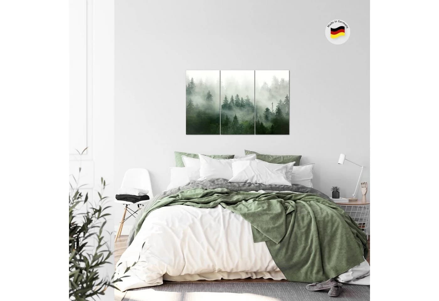 Runa Art 3-teiliges Wandbild Set Wald Natur Grün Grau Nebel