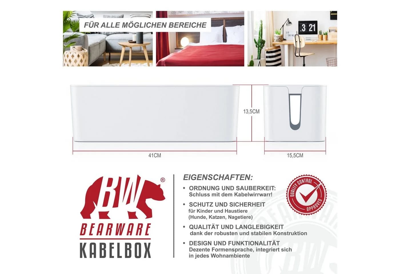 BEARWARE Kabelbox Schwarz/Weiß mit Gummifüßen - Kabelmanagement Box