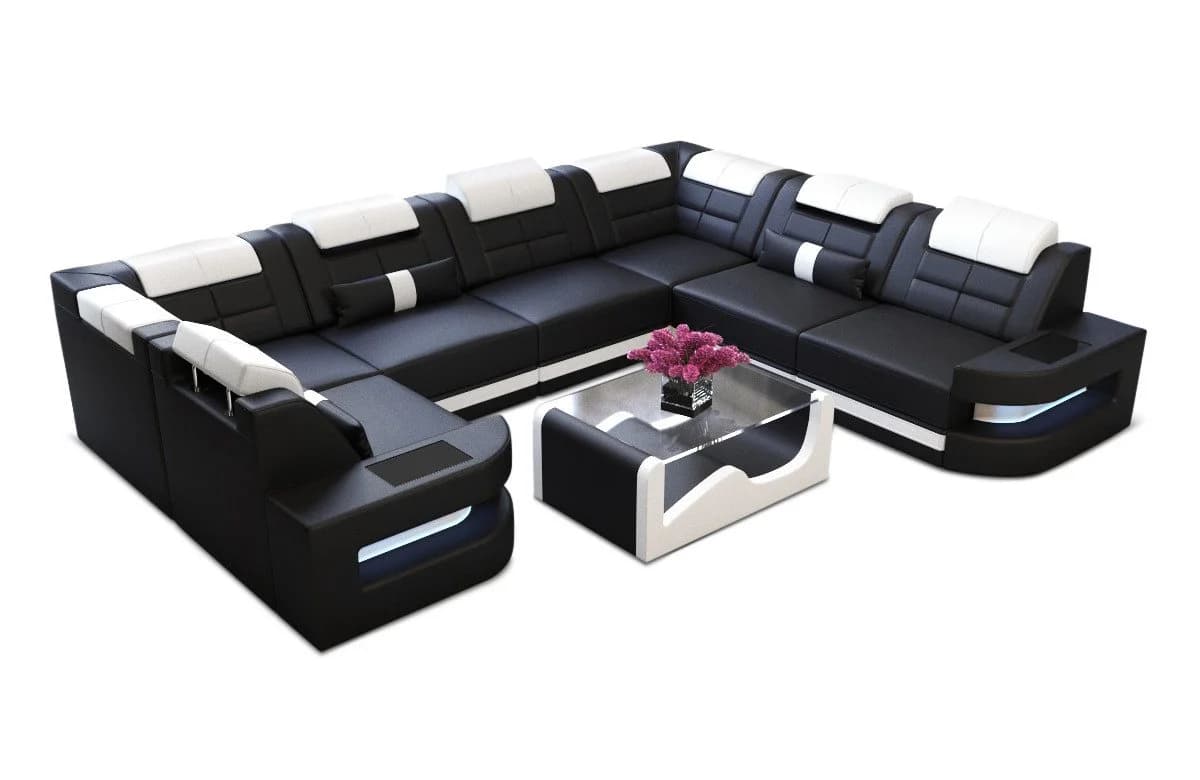 Sofa Dreams Como U-Form Ledersofa Schwarz mit LED & Schlafsofa-Funktion