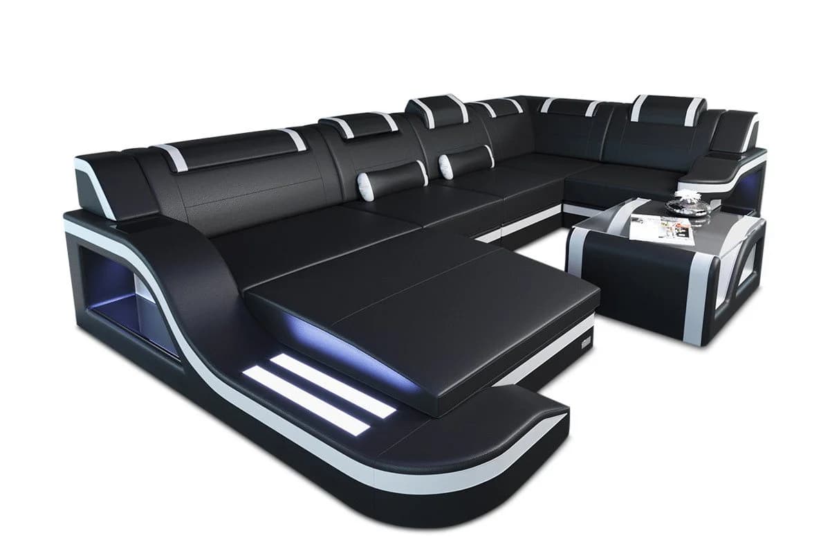 Sofa Dreams Palermo U-Form Ledersofa mit LED & Bettfunktion