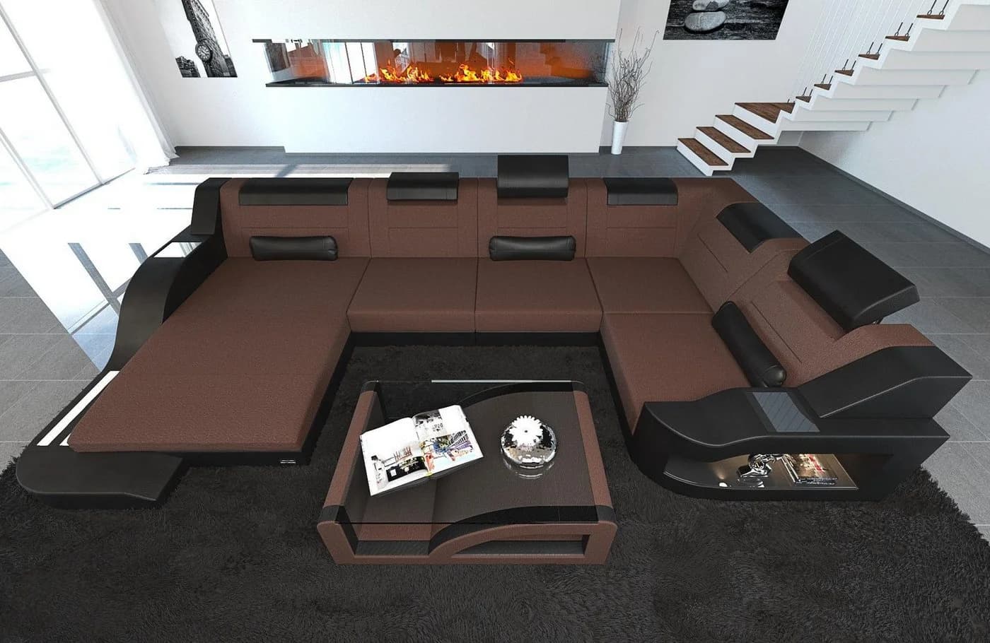Sofa Dreams Palermo U-Form Sofa Braun/Schwarz mit LED & USB