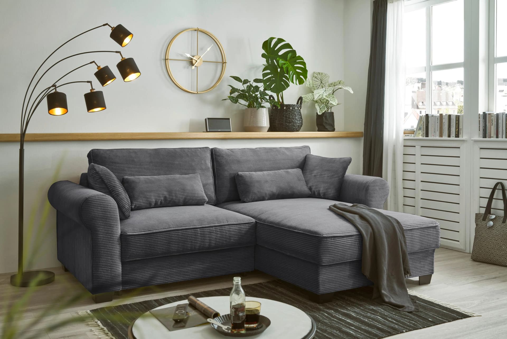 Ecksofa Angelina L-Form Dunkelgrau mit Bettfunktion und Bettkasten