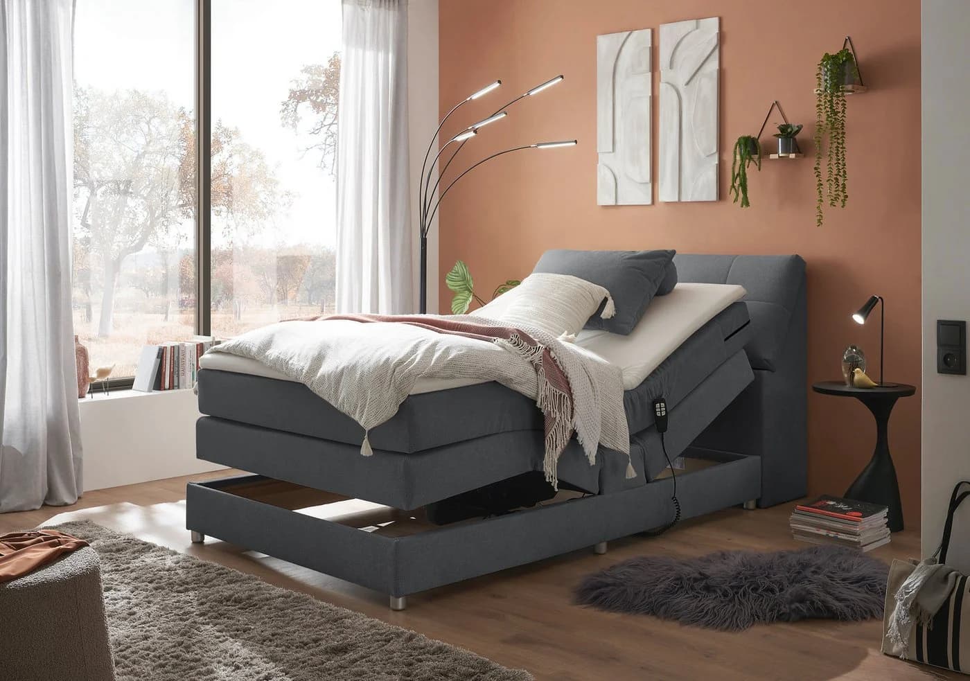 Boxspringbett Toulouse Grau Anthrazit mit Motor und Stauraum