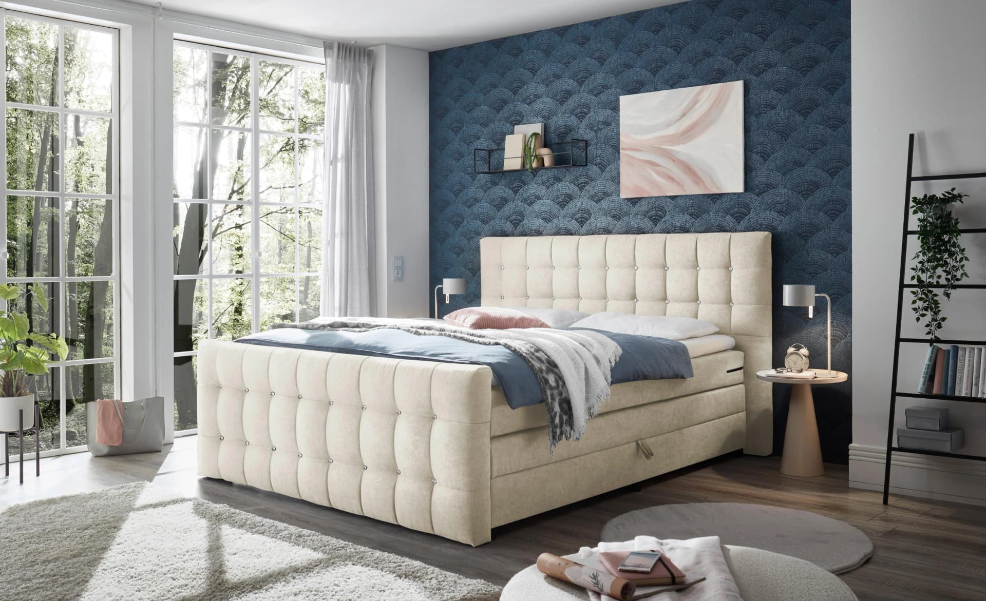 Boxspringbett Loberie Beige mit Strasssteinen und Bettkästen