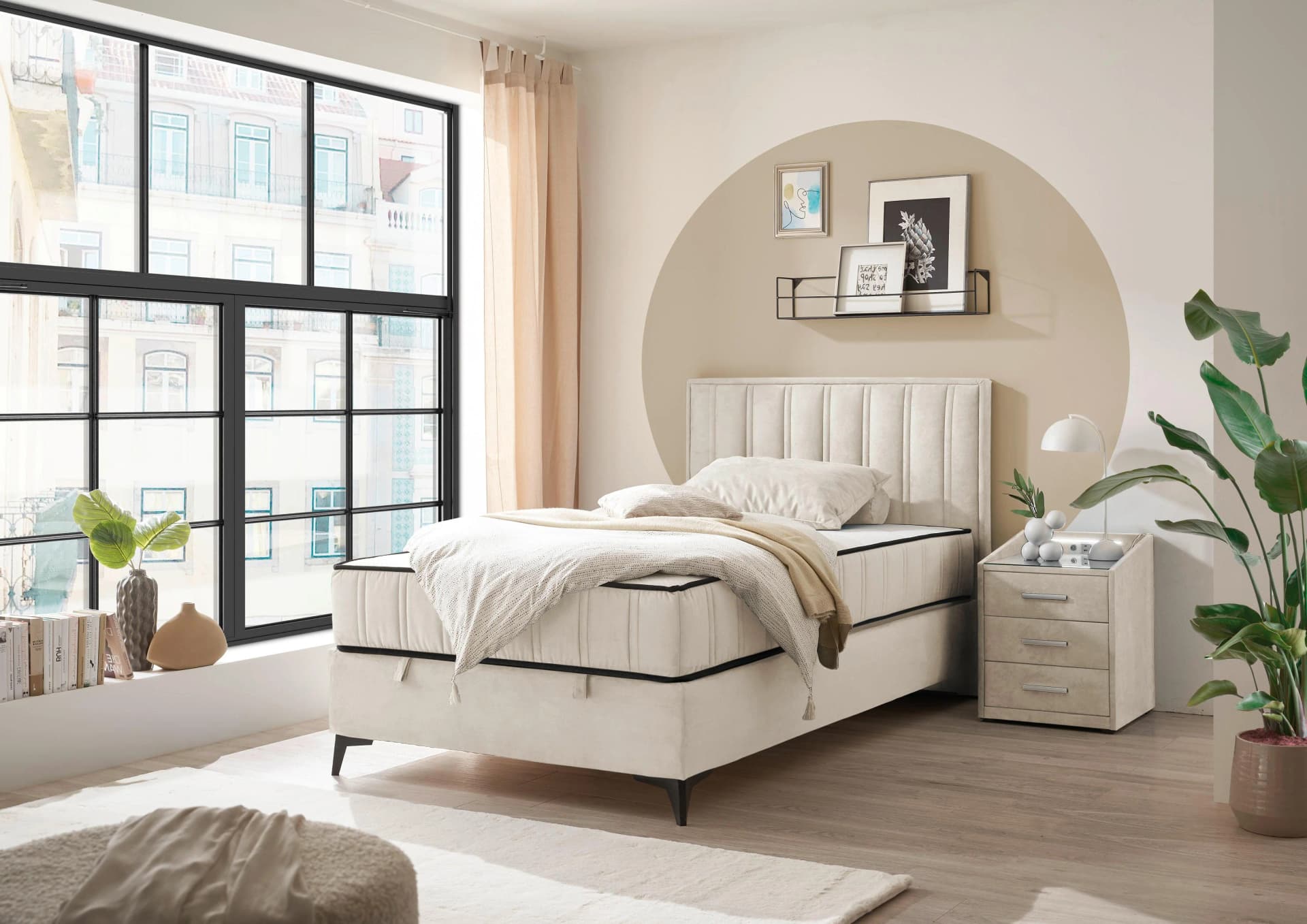 Boxbett Monroe mit Bettkasten und Duo-Matratze in Beige