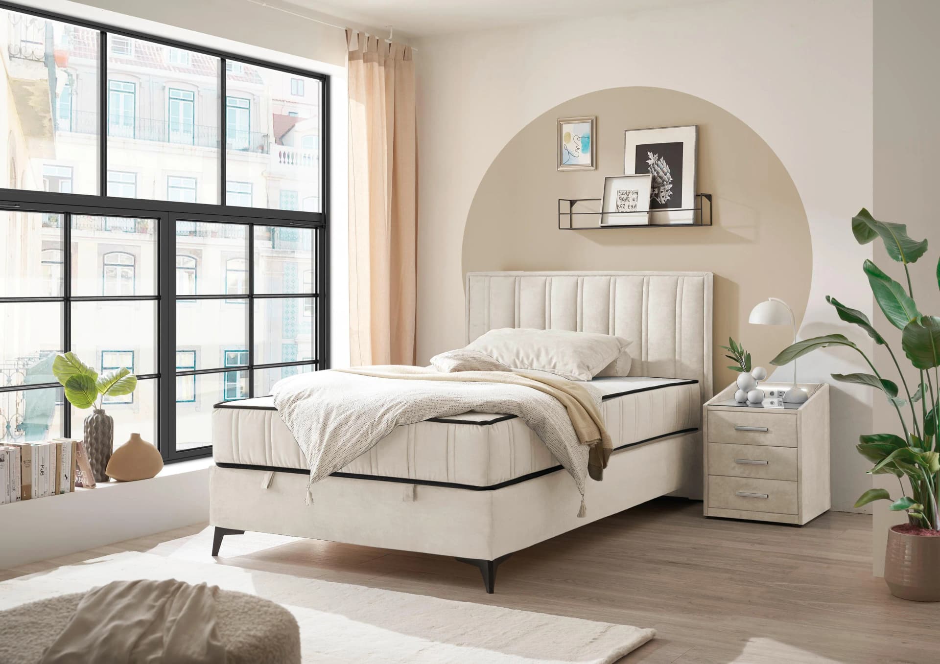 Boxbett Monroe Beige mit Bettkasten und 9-Zonen-Matratze