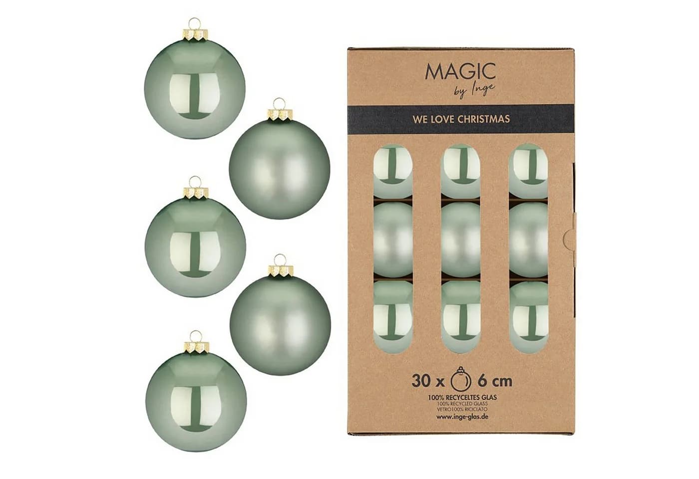Holly & Jolly Weihnachtsbaumkugel Glas 6cm 30 Stück Mild Sage Grün