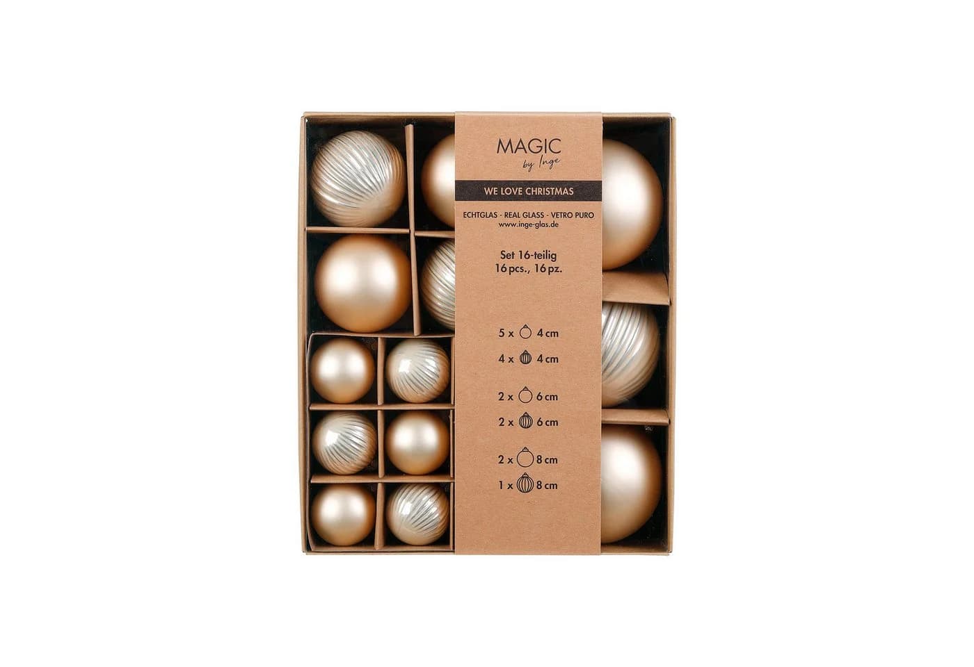Holly & Jolly Weihnachtsbaumkugel 16er Set Glas Champagner gerillt