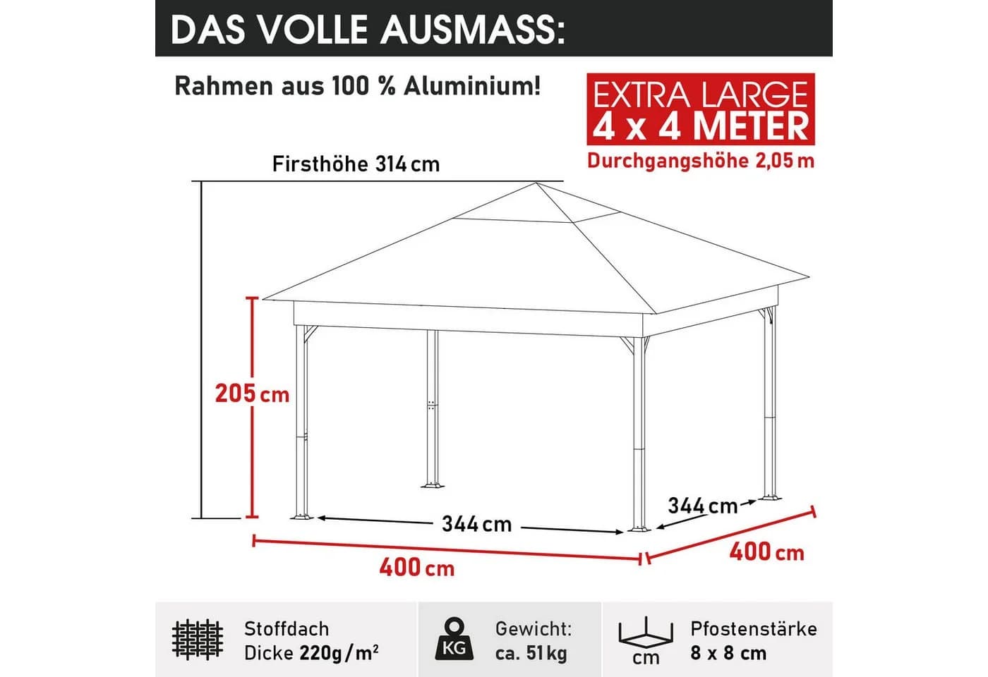 BRAST Pavillon Infinity 4x4m Aluminium Beige mit Moskitonetz und LED