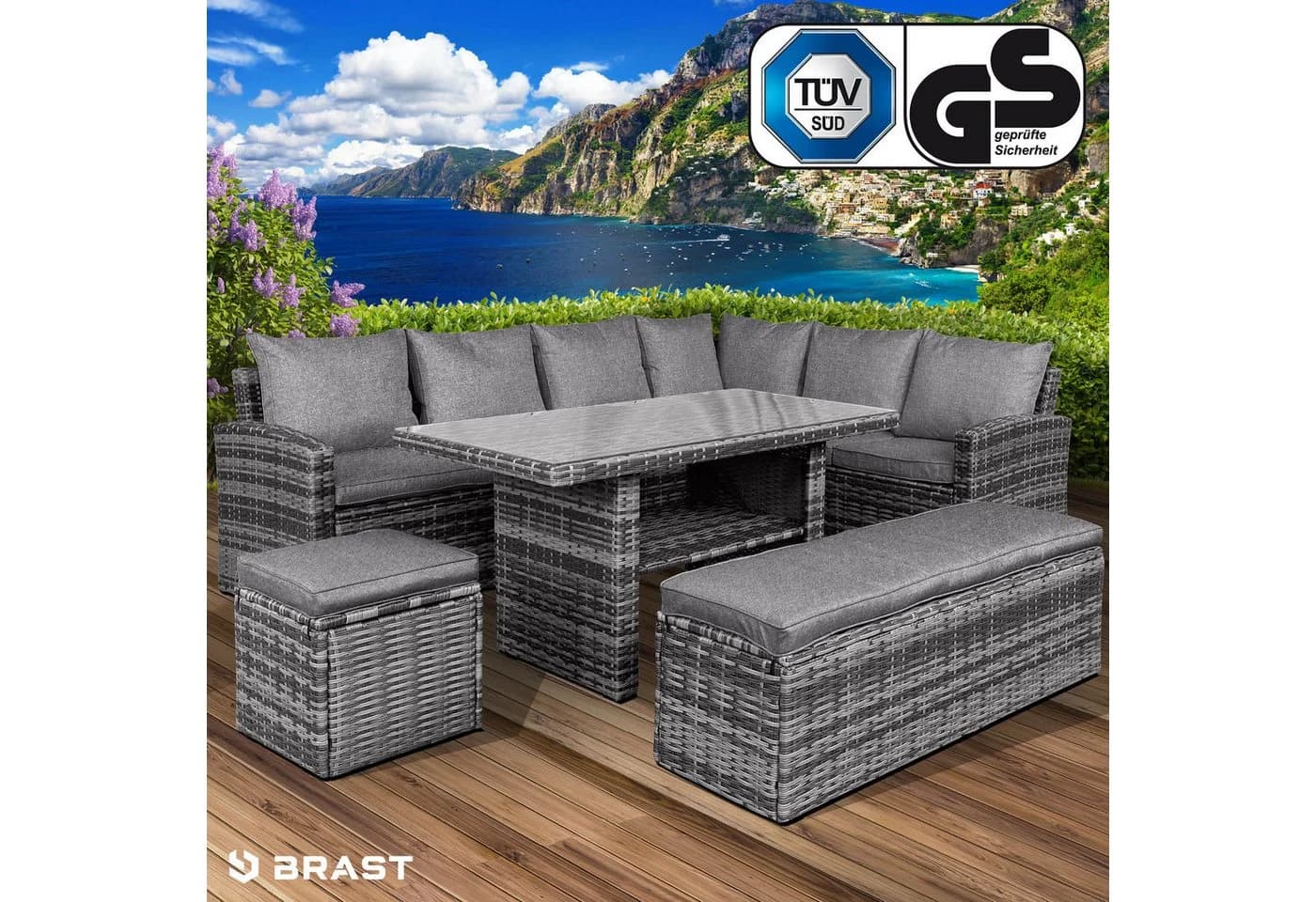 BRAST Garten-Essgruppe ECO Grau Polyrattan mit Kissen