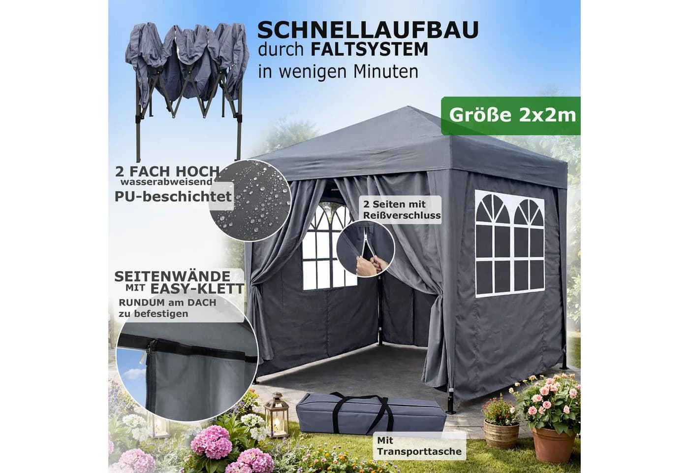 Quick Star Faltpavillon Pop-Up mit 4 Seitenteilen Smoky Grau