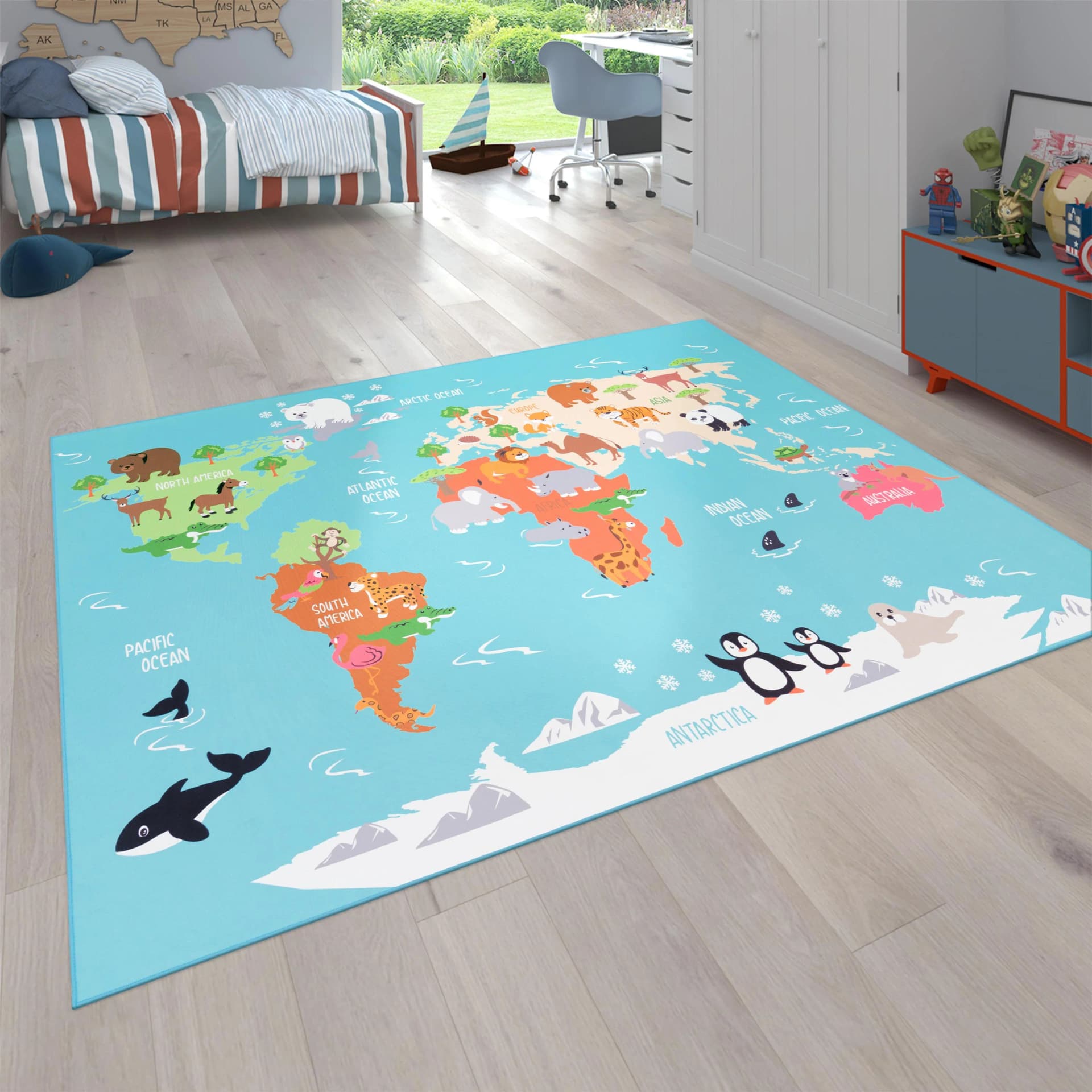 PACO HOME Kinderteppich Bino 564 Türkis Weltkarte Kurzflor
