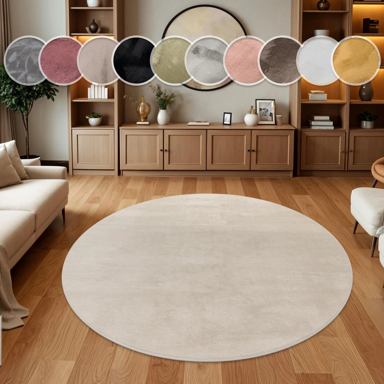 PACO HOME Kunstfell Soft 380 Fellteppich Rund Beige