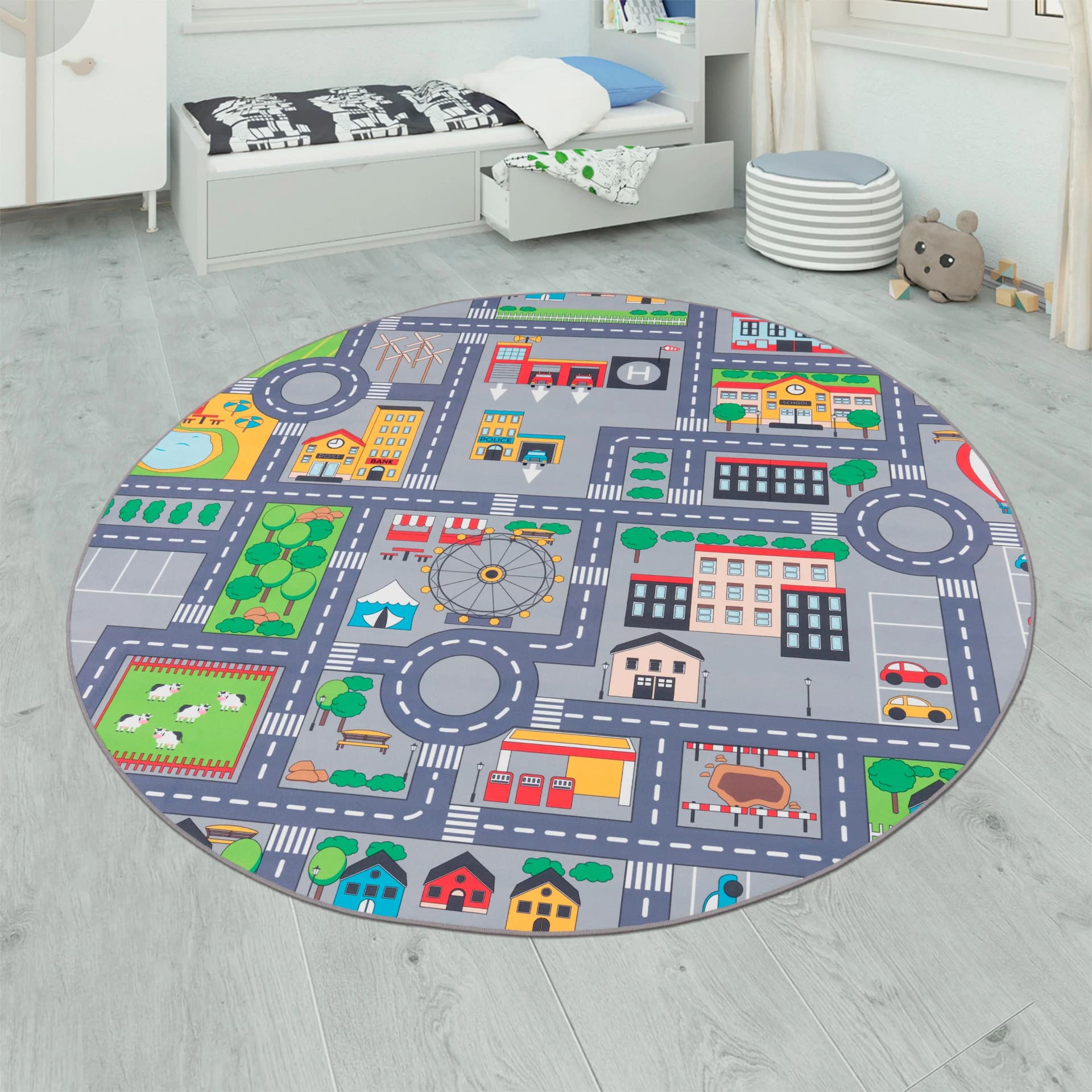 PACO HOME Kinderteppich Bino 576 Grau Straßenmotiv Rund