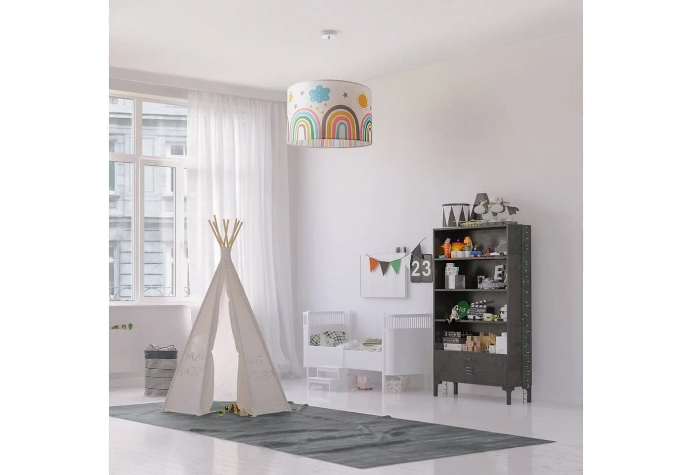 Paco Home Pendelleuchte Tweet 462, ohne Leuchtmittel, Lampe Kinderzimmer Deckenlampe Regenbogen Sonne Wolken Sterne E27