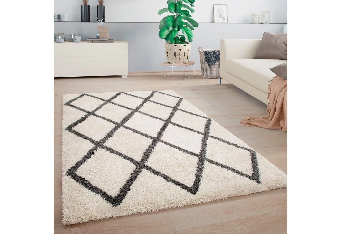 PACO HOME Hochflor-Teppich Arezzo 681 Grau/Weiß Rautenmuster Skandi