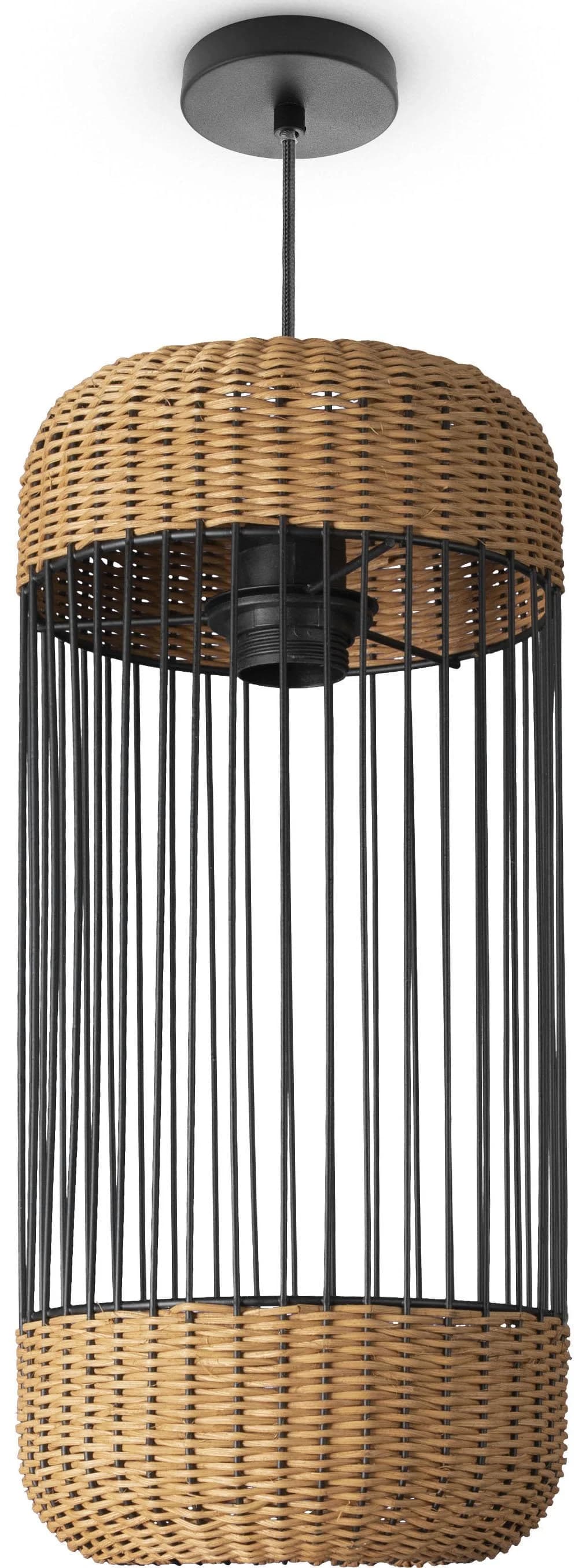 PACO HOME Pendelleuchte PUSTA Schwarz Rattan Zylinder