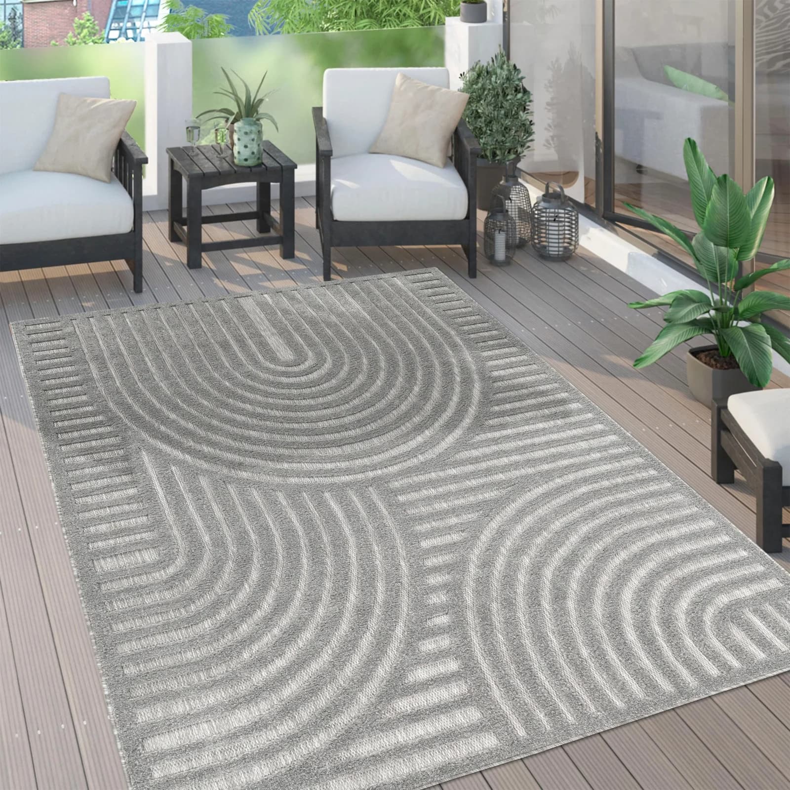 PACO HOME Teppich Livorno 674 Grau Outdoor Geometrisch