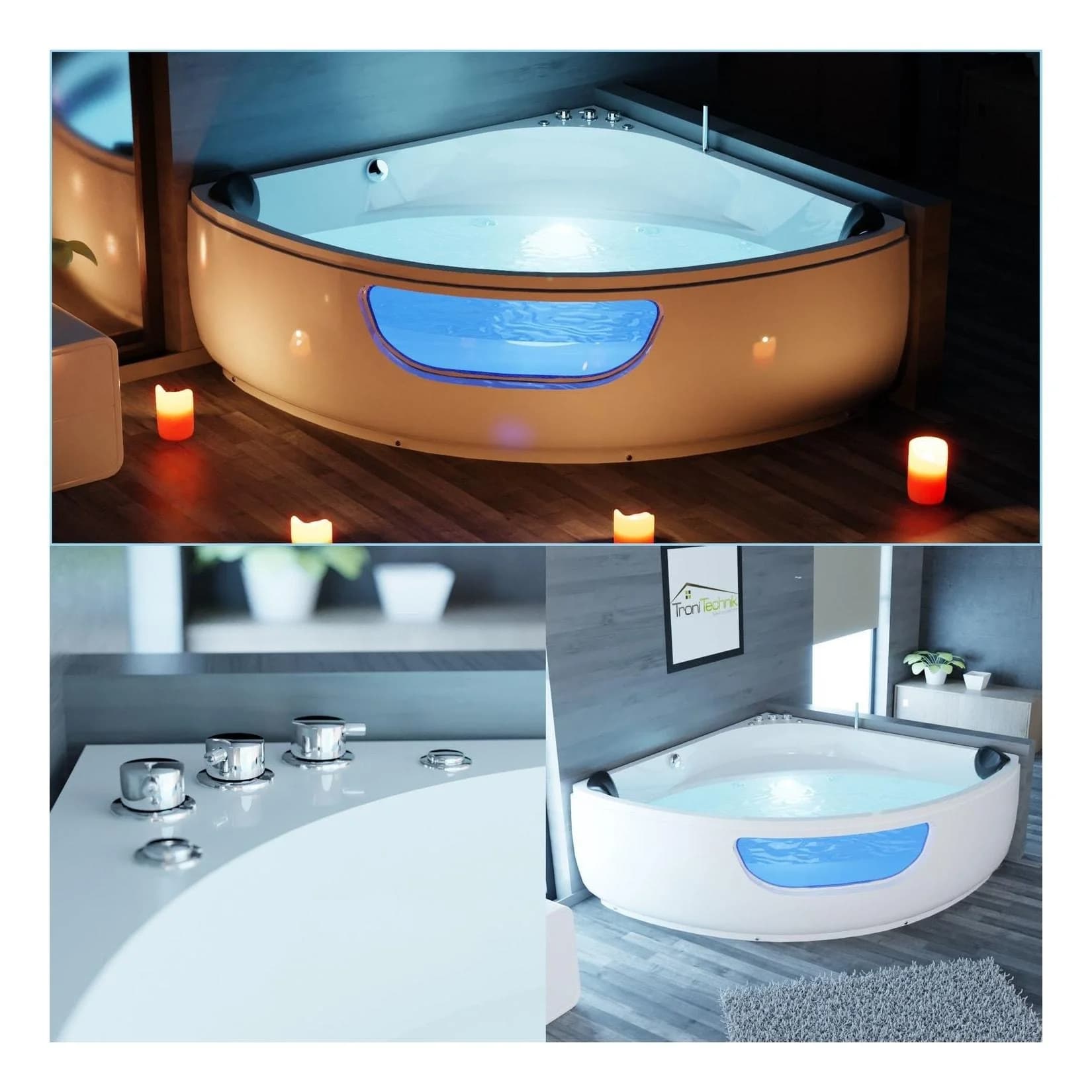 TroniTechnik® PAROS Eck-Whirlpool Badewanne 150x150 cm, 12 Düsen, Acryl