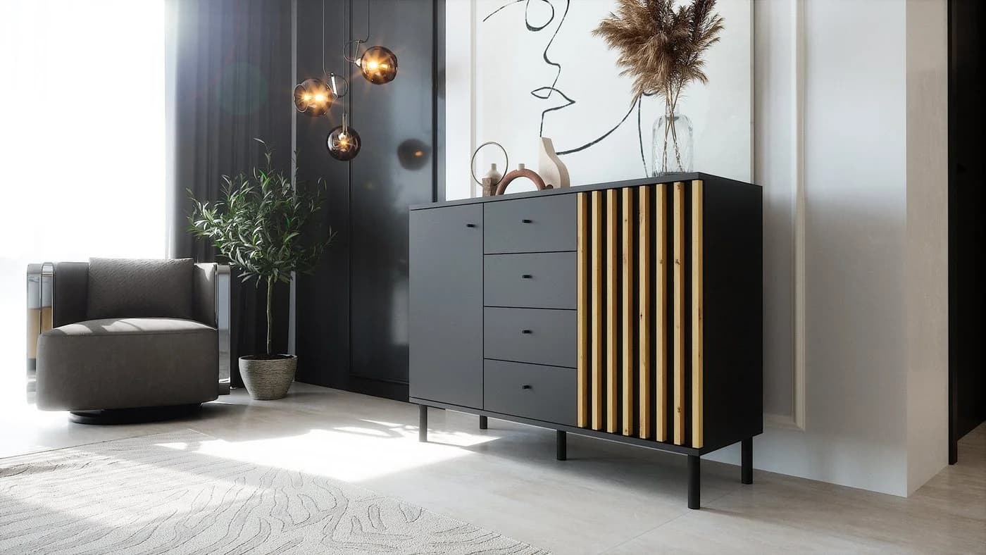 Newroom Sideboard Ebono Schwarz Modern Wandpaneel Vintage Highboard Anrichte