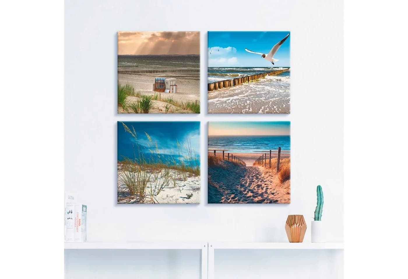 ARTLAND Leinwandbild Einsamer Strand Ostsee Sanddüne Gräser 4er Set