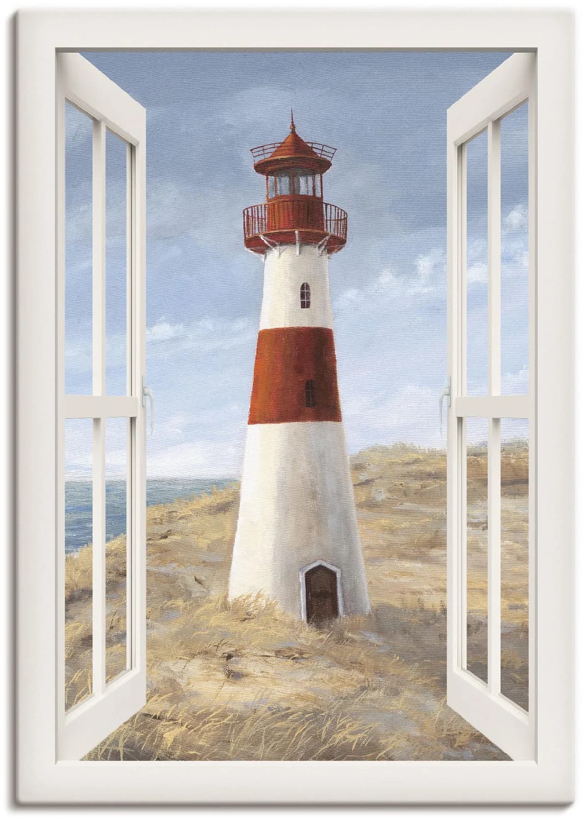 ARTLAND Wandbild Leuchtturm I Fensterblick Beige Leinwandbild 50x70 cm