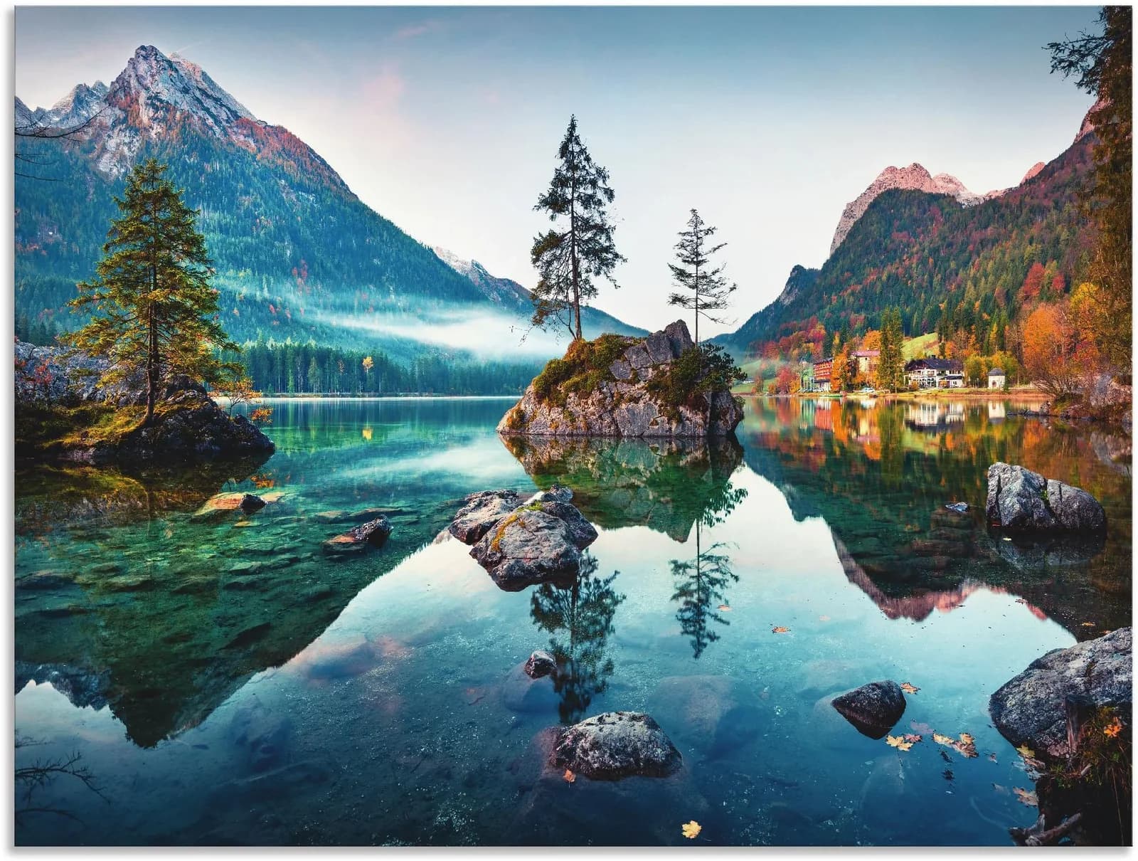 Artland Wandbild Herbstszene des Hintersee vor Alpen Blau