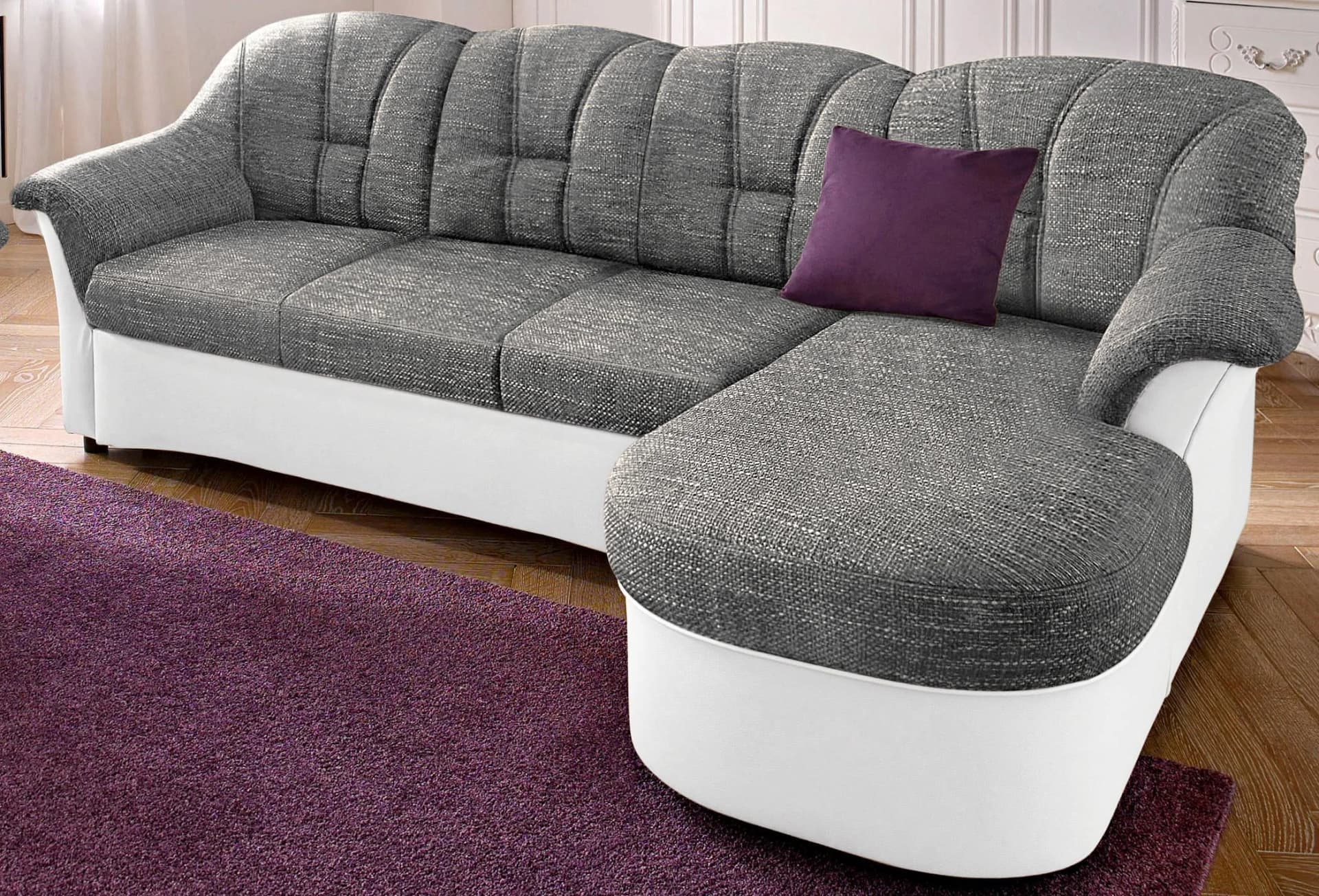 DOMO COLLECTION Flores Ecksofa L-Form mit Bettfunktion Weiß/Grau