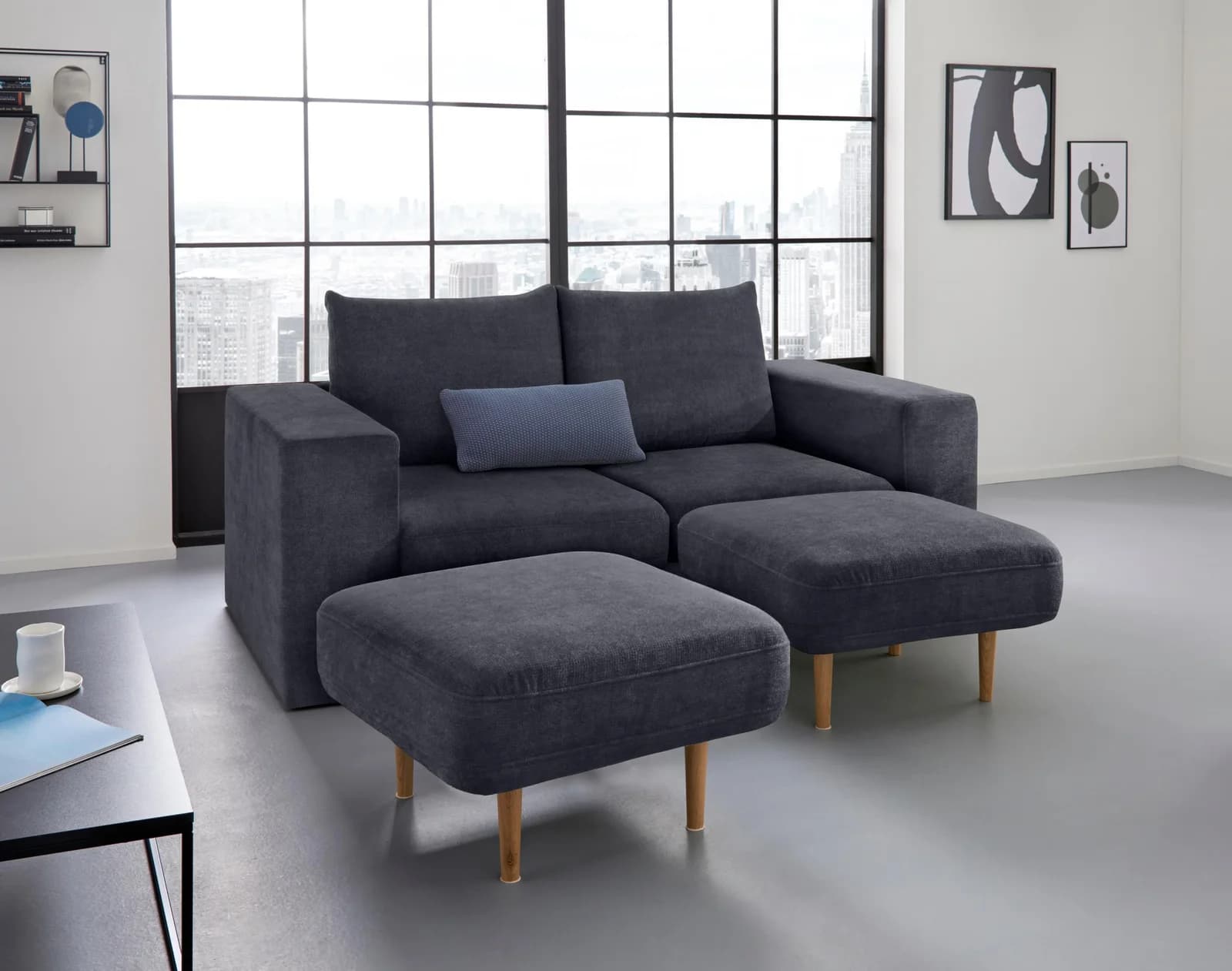 LOOKS BY WOLFGANG JOOP 2,5-Sitzer Sofa Looksv Dunkelblau mit 2 Hockern