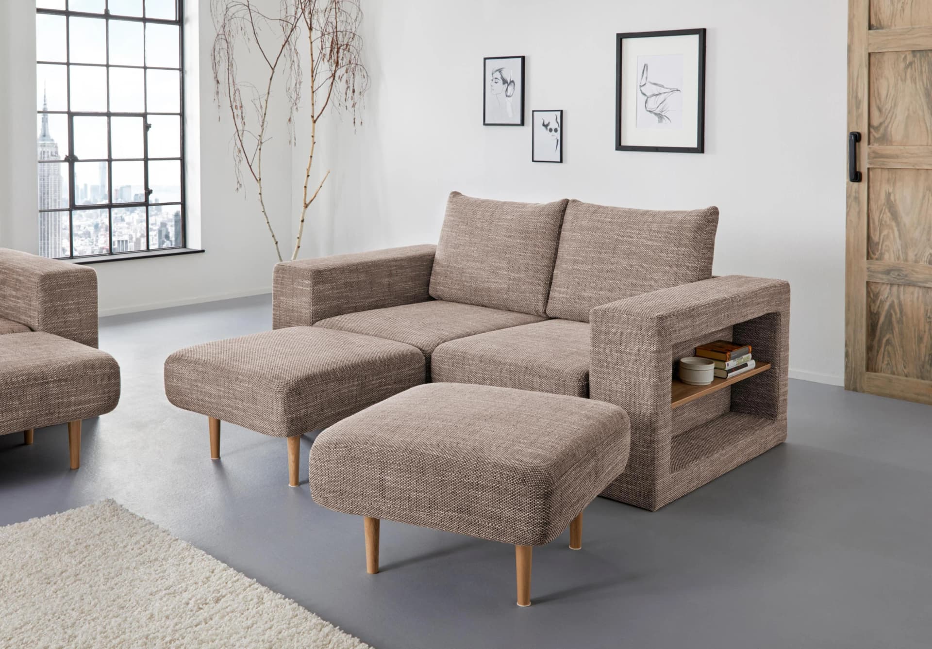 Beige-Braunes Verwandlungssofa mit Regalfunktion