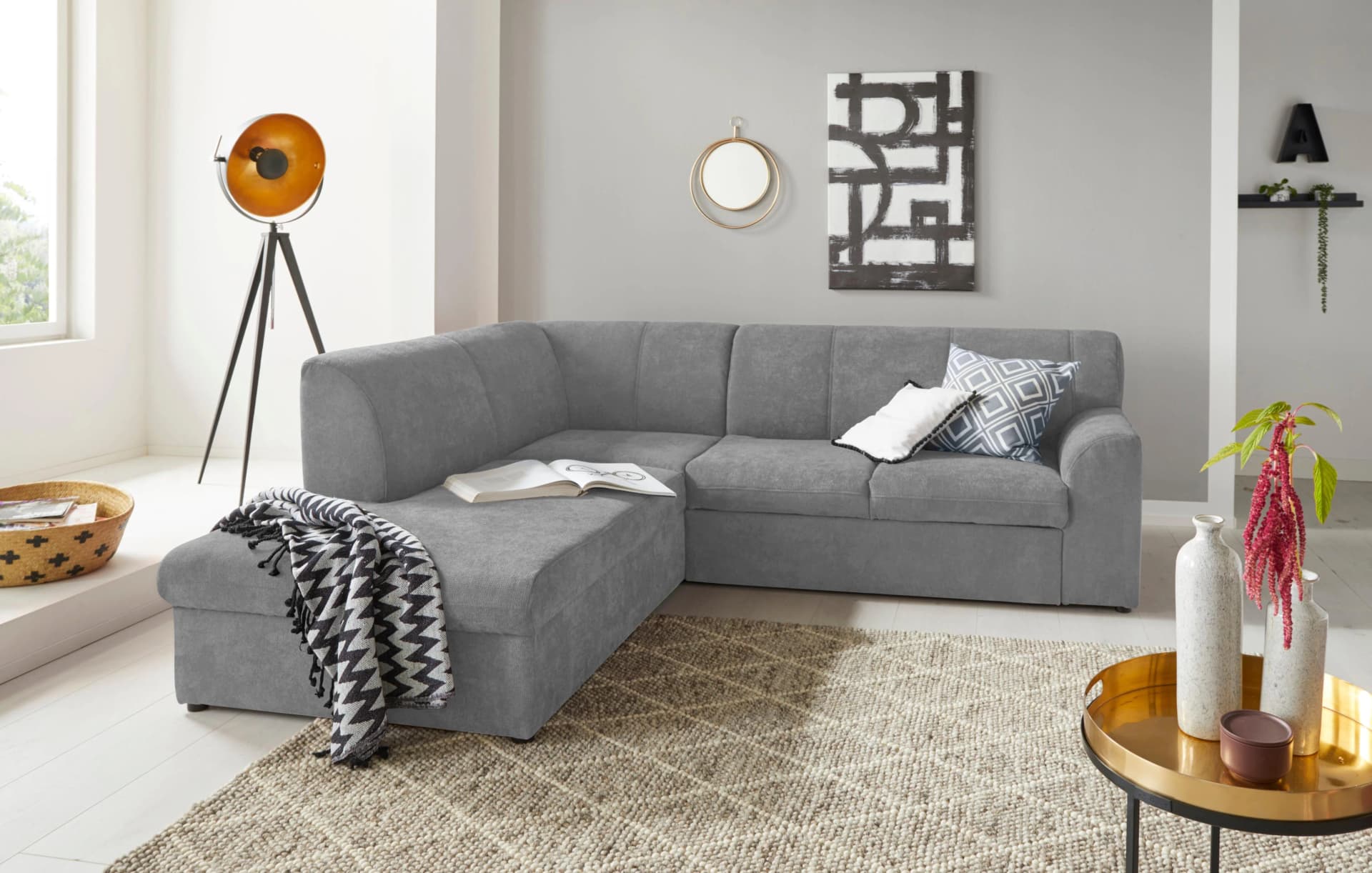 DOMO COLLECTION Ecksofa Topper L-Form Hellgrau mit Ottomane