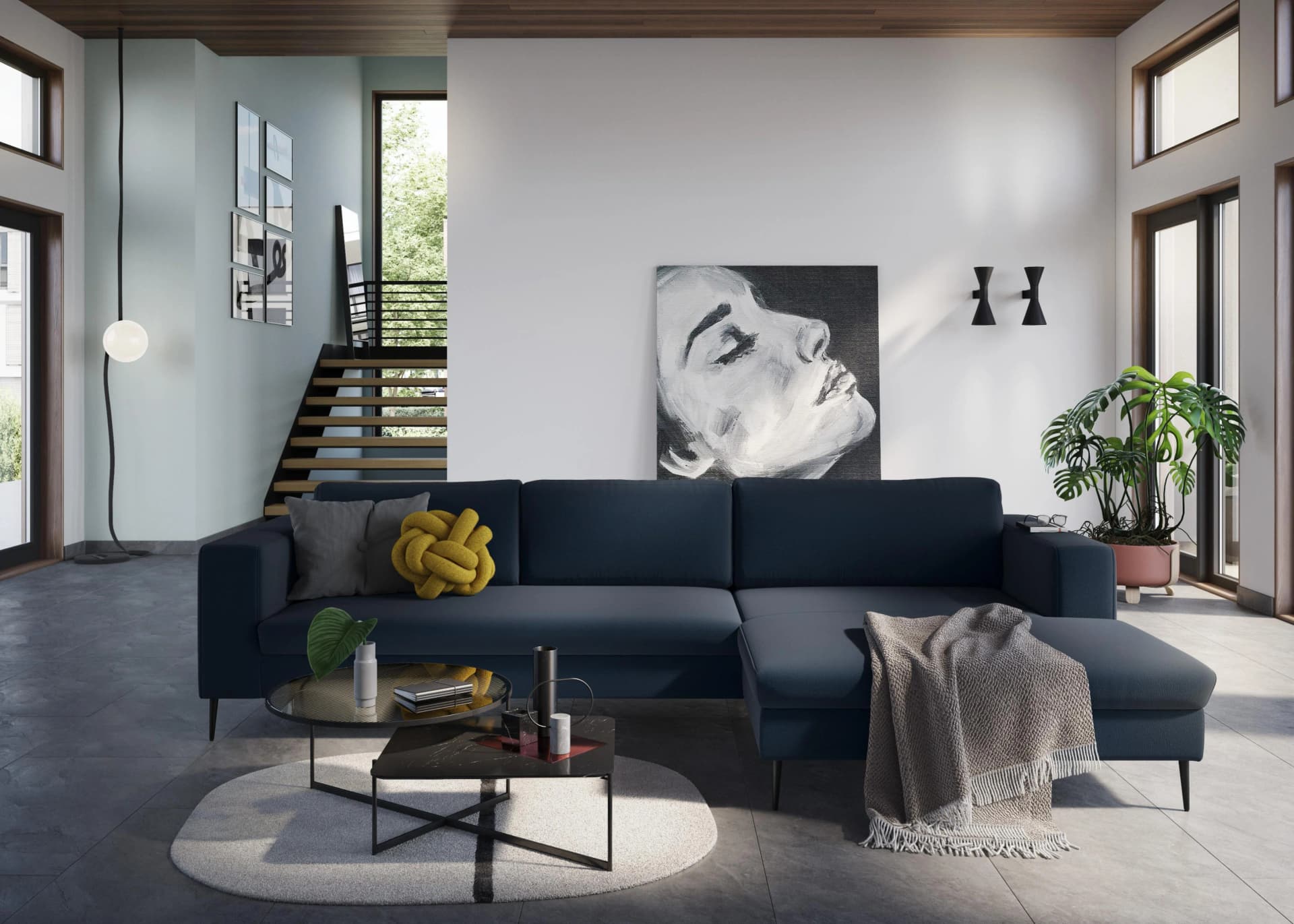 DOMO COLLECTION Ecksofa Modica L-Form Blau Bouclé mit Recamiere