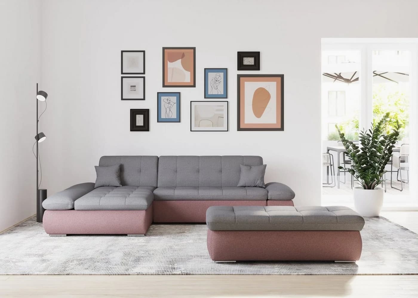 DOMO collection Ecksofa MORIC 300x172 cm mit Armlehnenverstellung Beere/Grau
