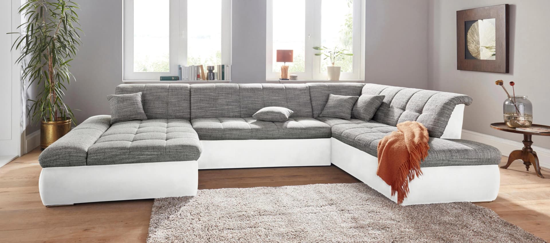 DOMO COLLECTION Wohnlandschaft Moric Luxus Weiß Grau U-Form