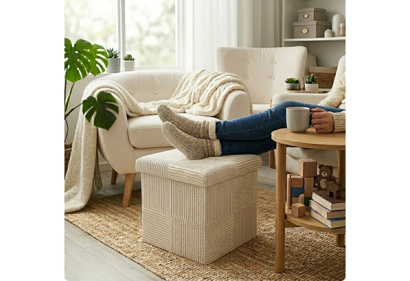 Macosa Home Stauraumhocker faltbar Cord 38 cm Creme/Grau