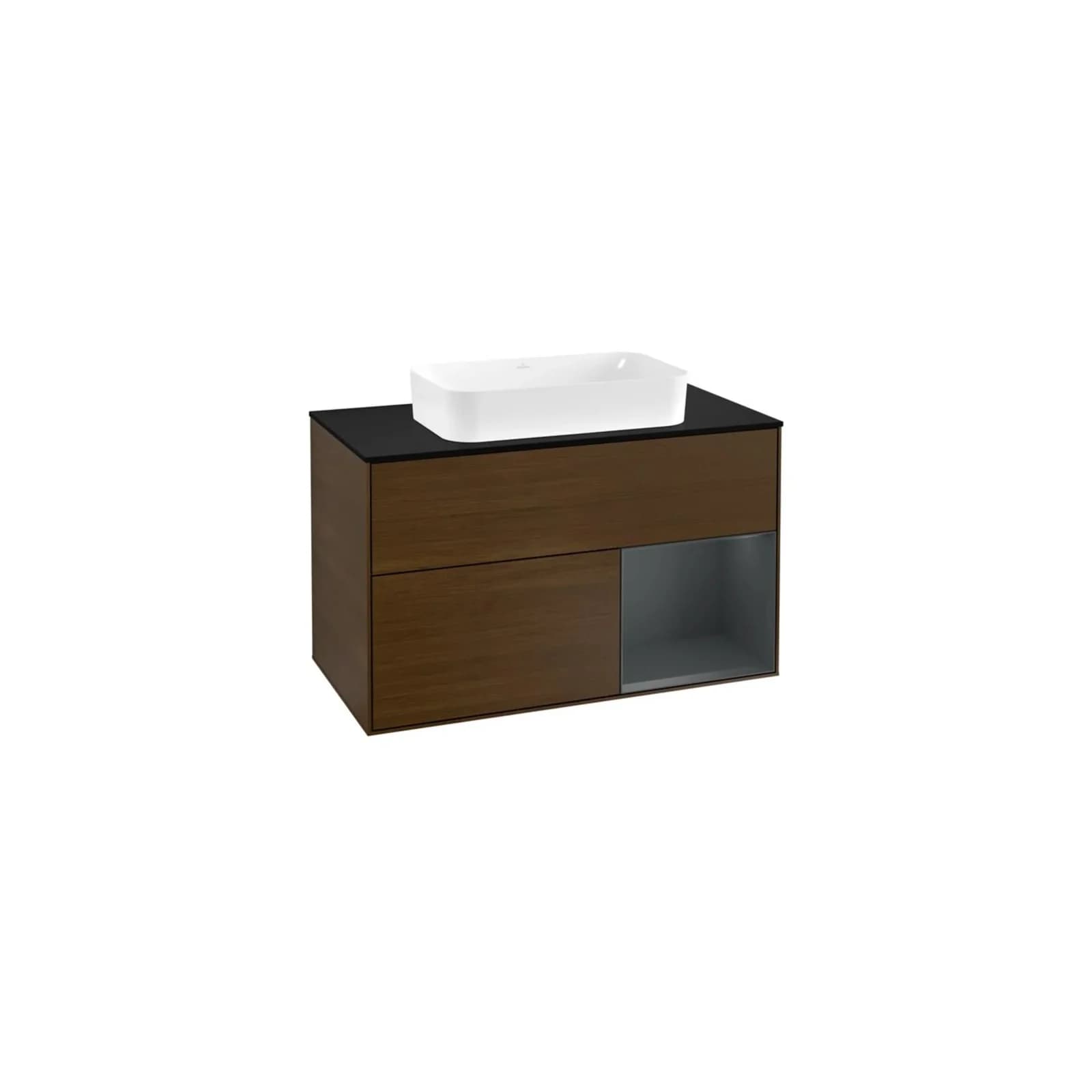 Villeroy und Boch Finion Waschtischunterschrank 100x60,3cm, Abdeckplatte Black Matt, Regal Midnight Blue Matt Lacquer, Walnut Veneer