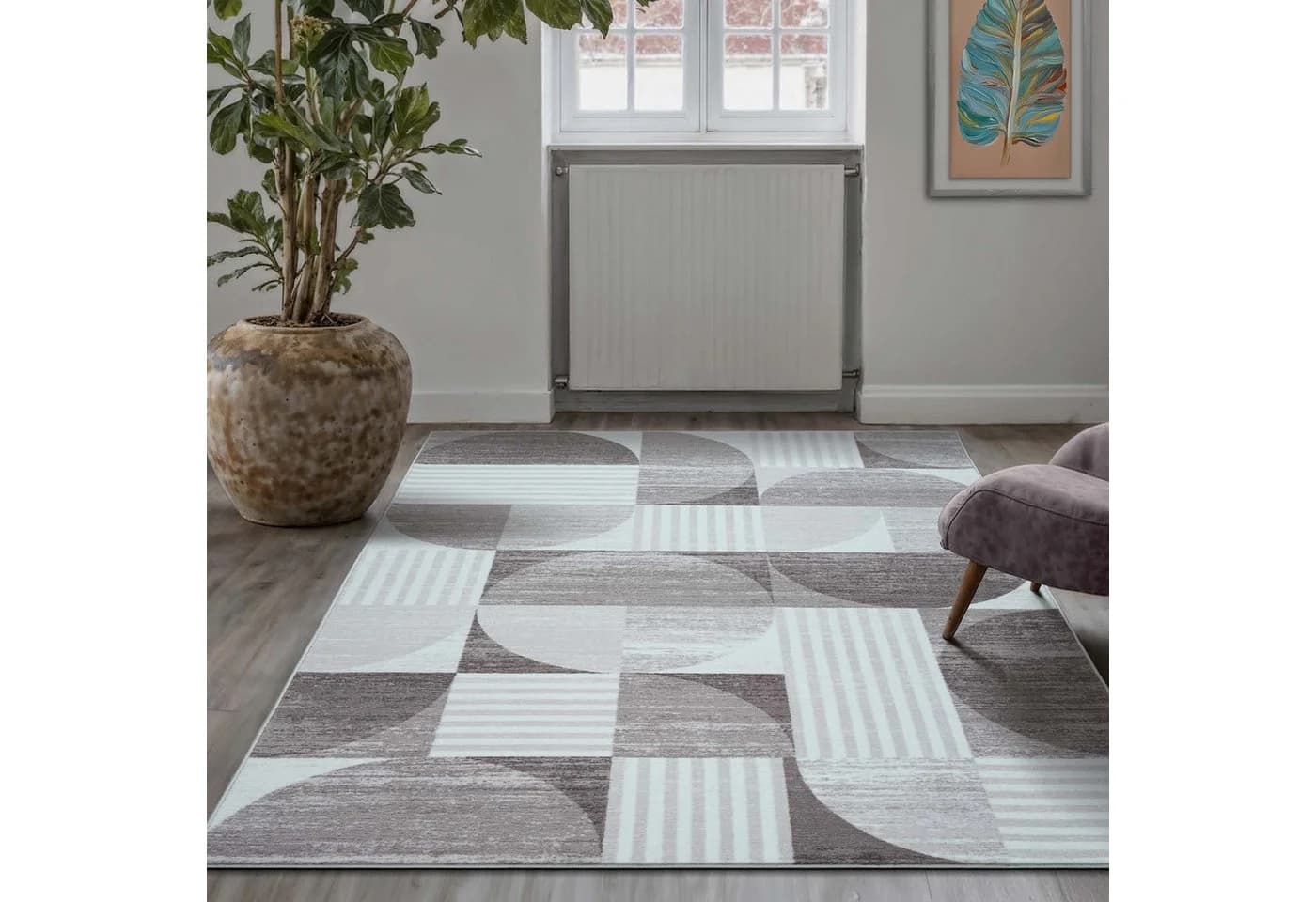 TaraCarpet Empire Teppich Kurzflor Retro Grau Beige Blau