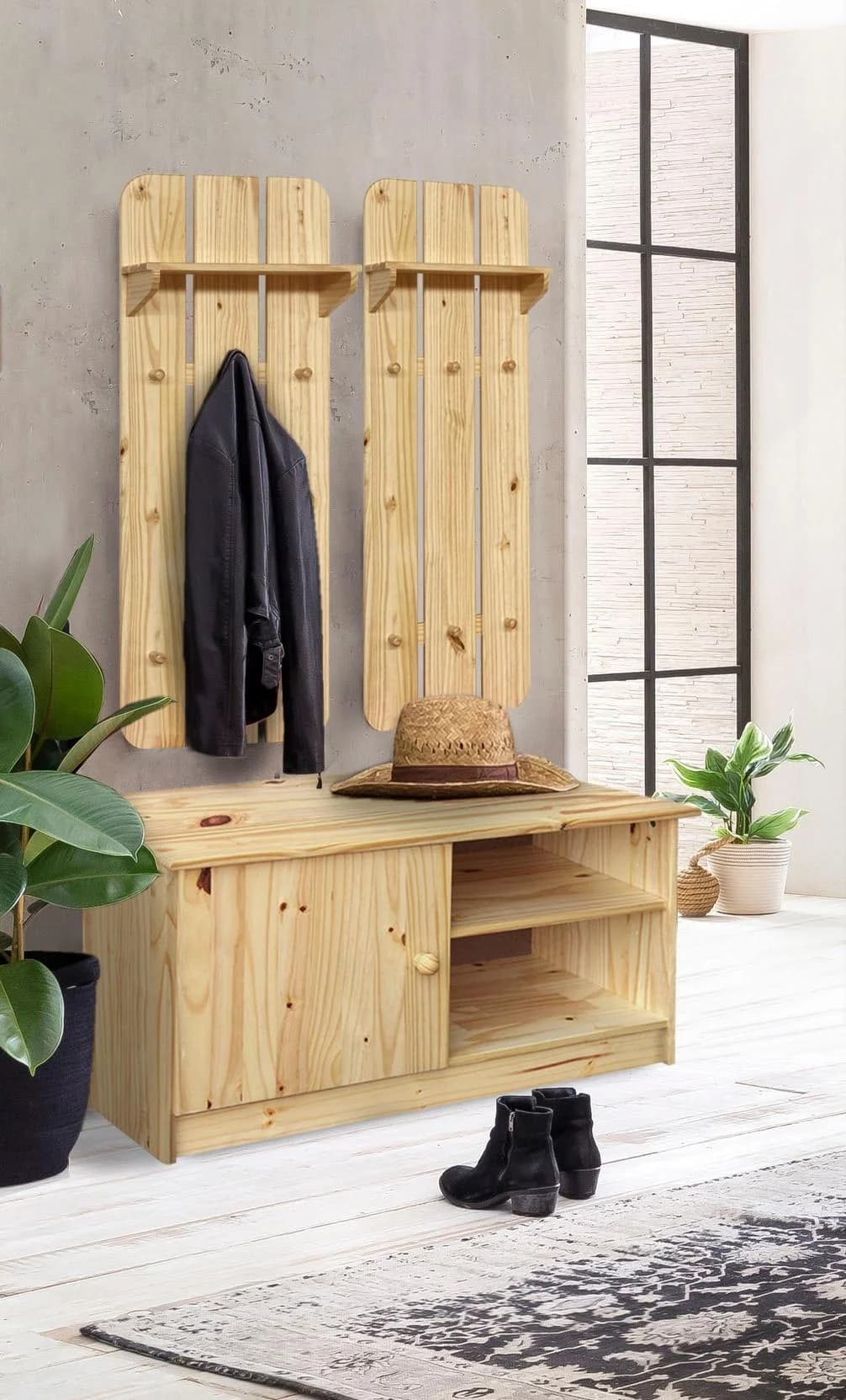 MÖBILIA Schuhschrank Natur Massivholz Kiefer 1 Tür 2 Fächer