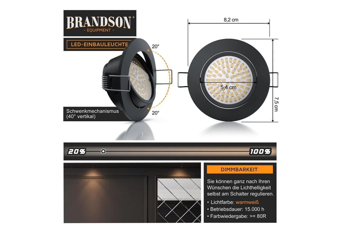 Brandson LED Einbaustrahler dimmbar & schwenkbar, 2er Set, Schwarz