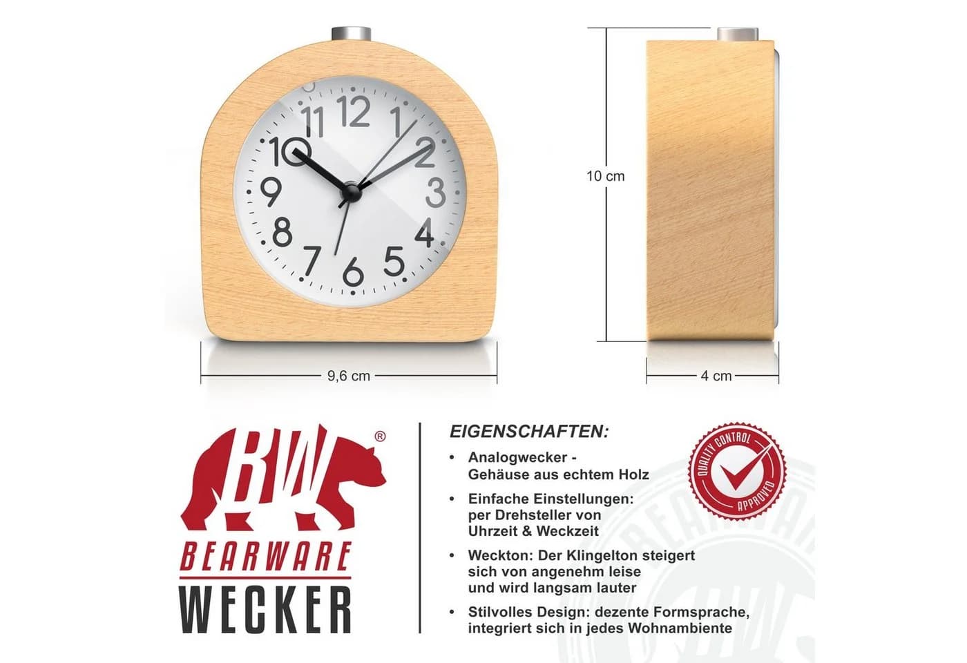 BEARWARE Retro Wecker Analog Holz Braun mit Beleuchtung