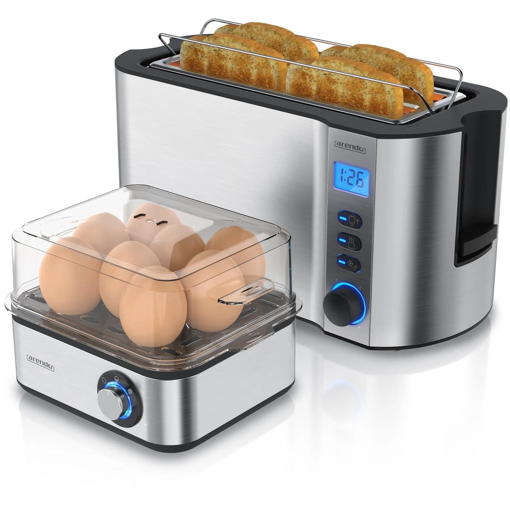 Arendo Frühstücksset 2-teilig 4-Scheiben Langschlitztoaster 8er Eierkocher Silber