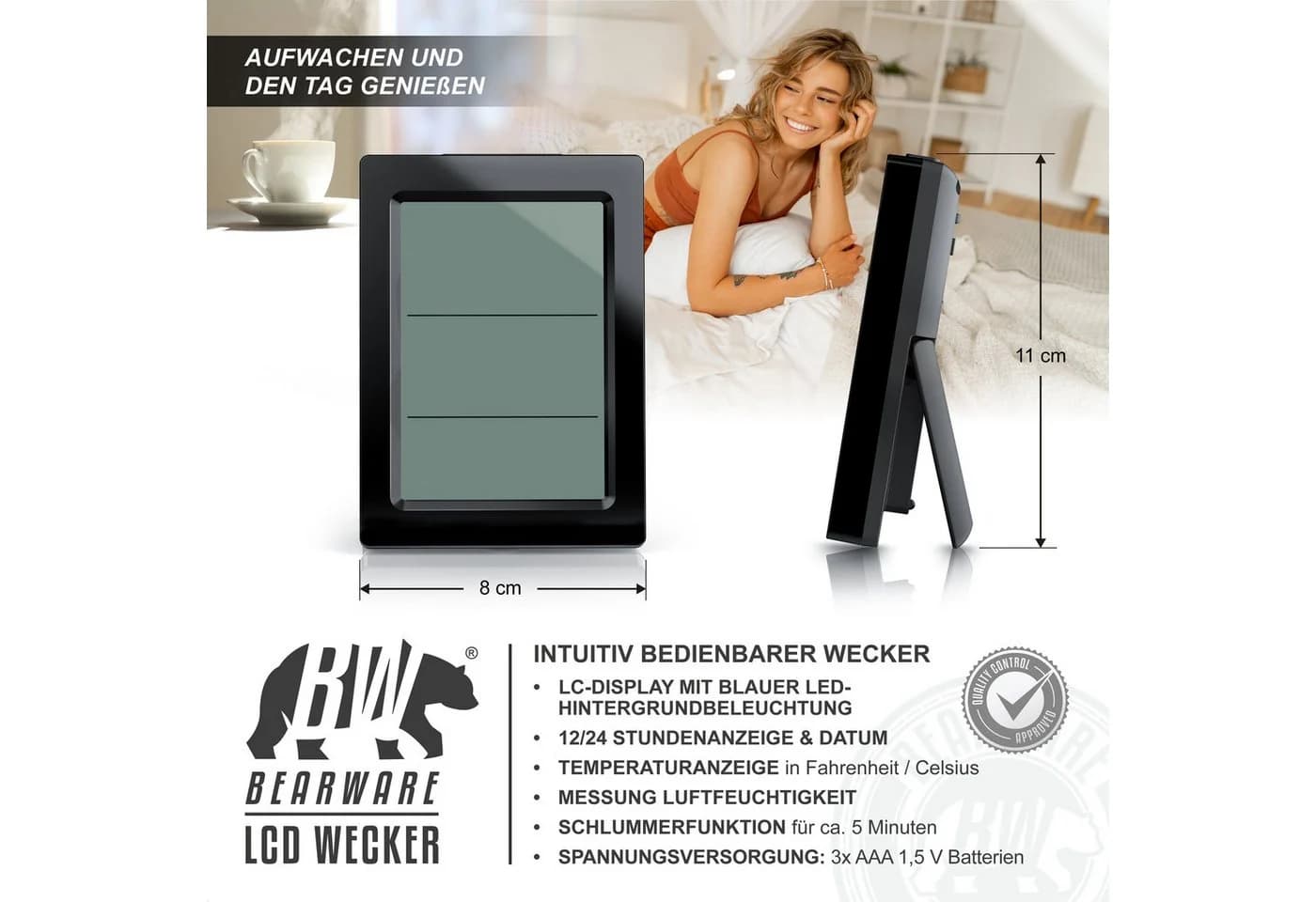 BEARWARE Digitalwecker Schwarz mit Temperaturanzeige & 2 Alarmen