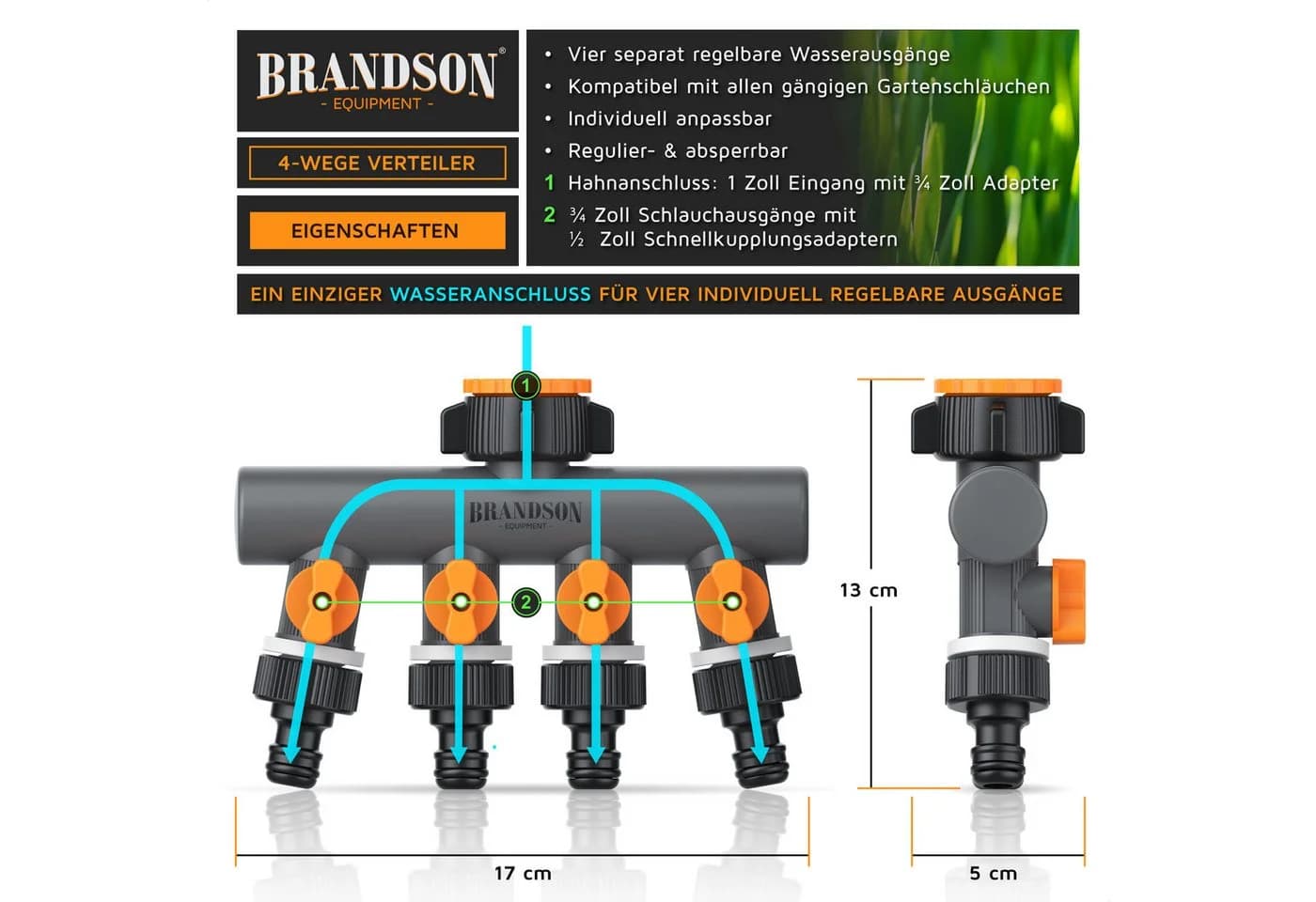 Brandson 4-Wege Wasserverteiler Schwarz/Orange mit Schnellkupplung