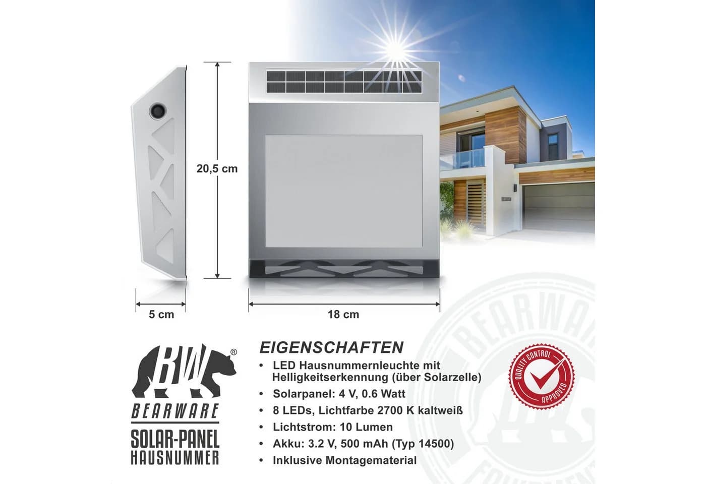 BEARWARE LED Solar Hausnummernleuchte Edelstahl Warmweiß PIR